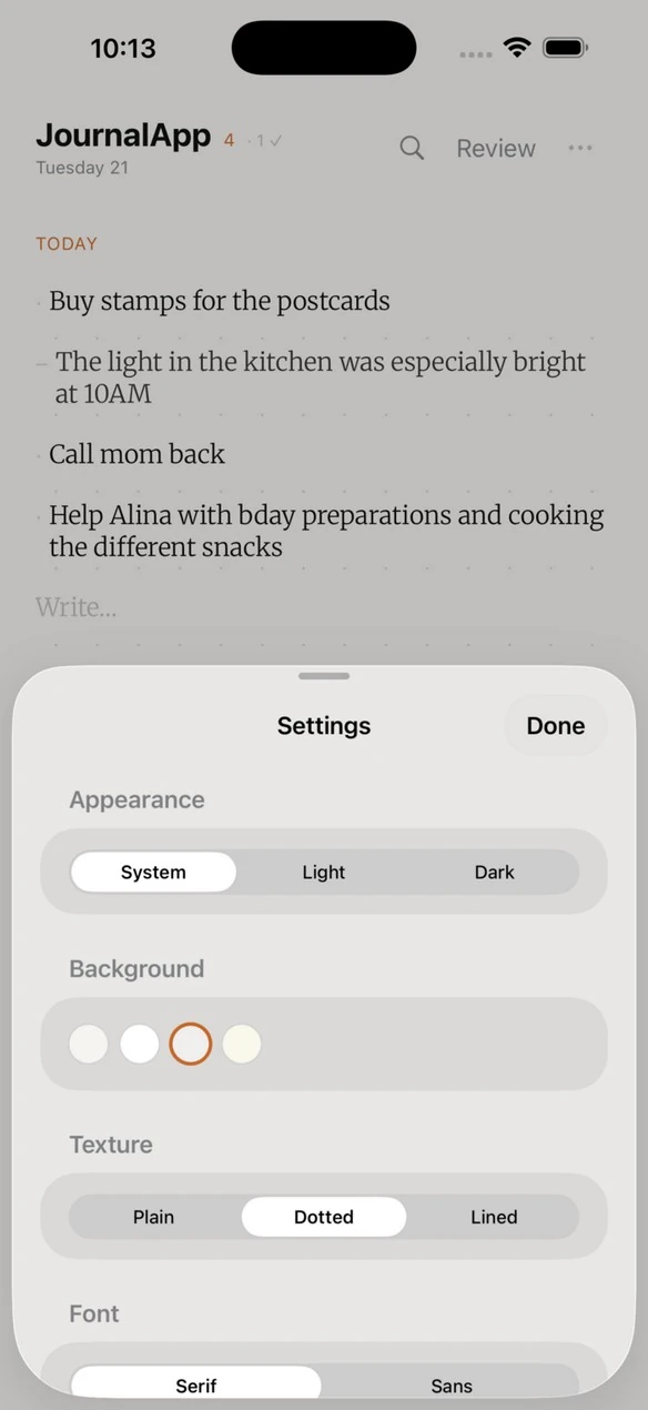 JournalApp Settings screen — appearance, texture and typeface options